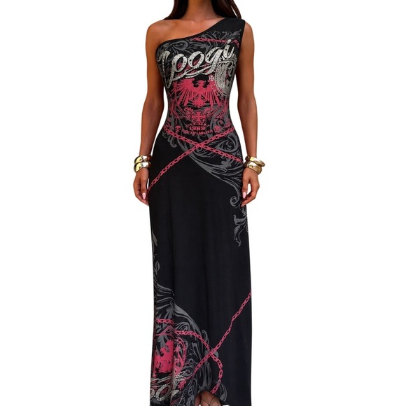 COOGI Dresses & Skirts - Coogi Womens One Shoulder Maxi Dress Black Pink Graphic Rhinestone Y2K M